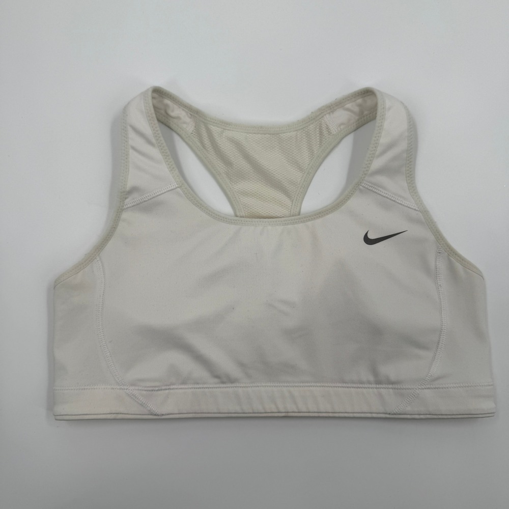 Nike Womens Dri-FIT Racerback Sports Bra White Medium Impact Gym Training Logo